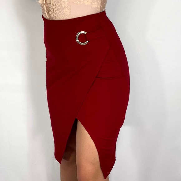 Pencil red stretchy midi Skirt w/slit - Picture 1 of 3